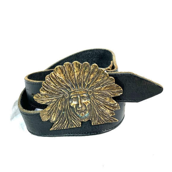 Native american Apache chief brass buckle & belt - Picture 1 of 11